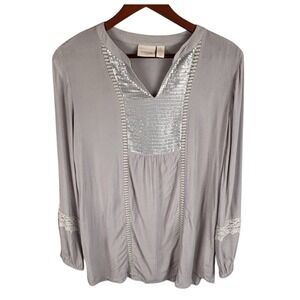 Chico's Taupe Sequin Tunic Top Size 2 L Boho Blouse Long Sleeve Neutral